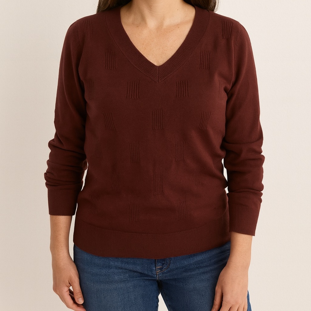 Cozy Reddish-Brown V-Neck Sweater with Beautiful Pattern